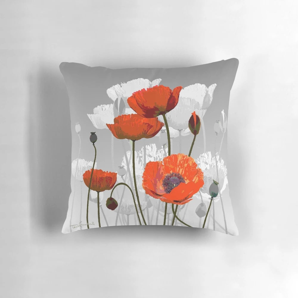 Vibrant red poppies in a floral bouquet design on a throw pillow
