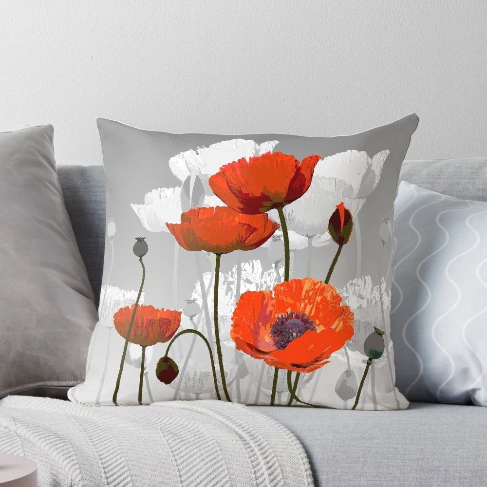 Vibrant red poppies in a floral bouquet design on a throw pillow