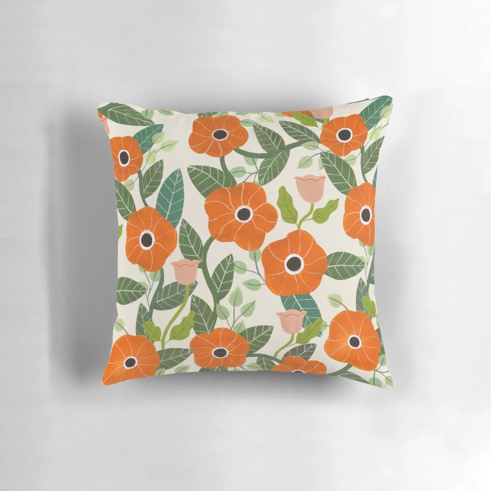 Colorful poppies pillow with a botanical gouache floral pattern, perfect for boho-inspired home decor.