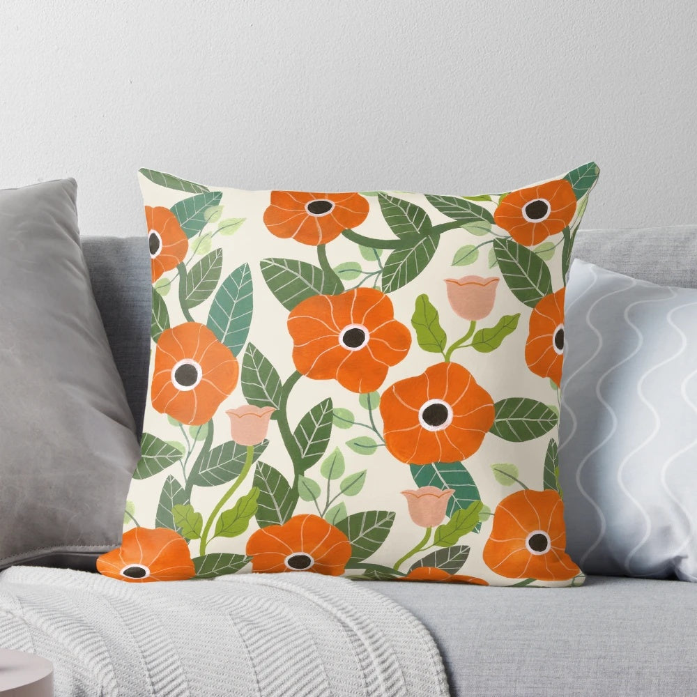 Colorful poppies pillow with a botanical gouache floral pattern, perfect for boho-inspired home decor.