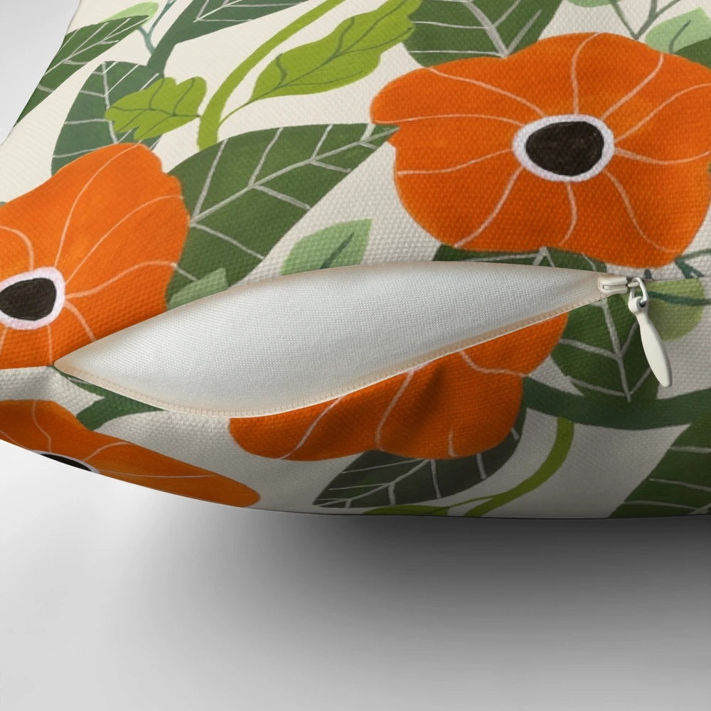 Colorful poppies pillow with a botanical gouache floral pattern, perfect for boho-inspired home decor.