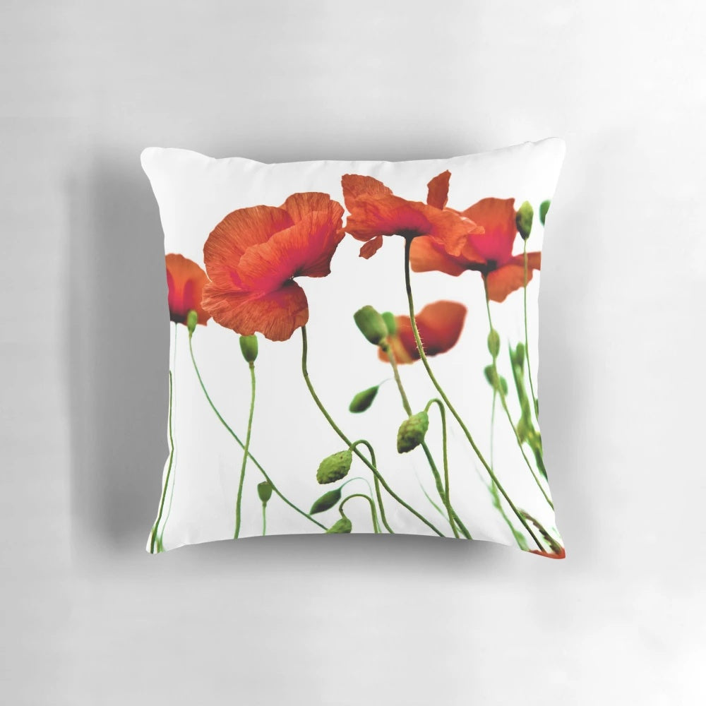 Closeup image of a red poppy flower pillow with a beautiful, natural design