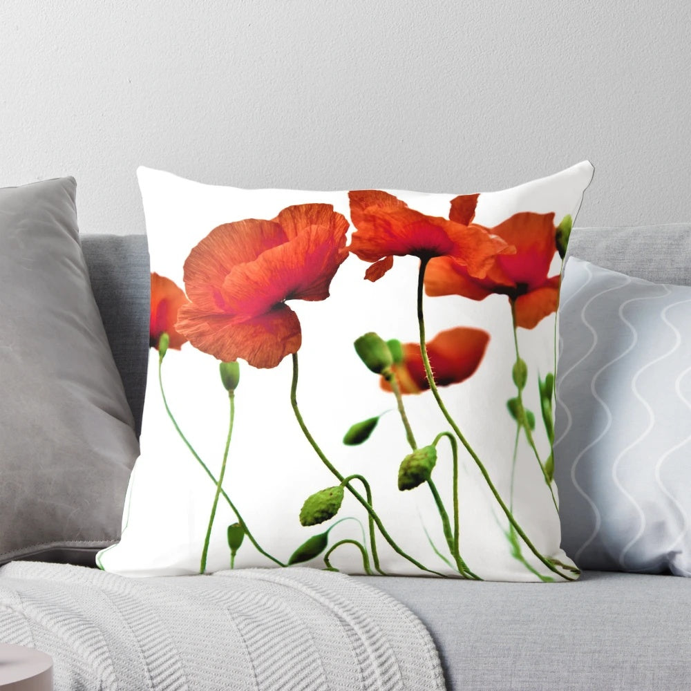 Closeup image of a red poppy flower pillow with a beautiful, natural design