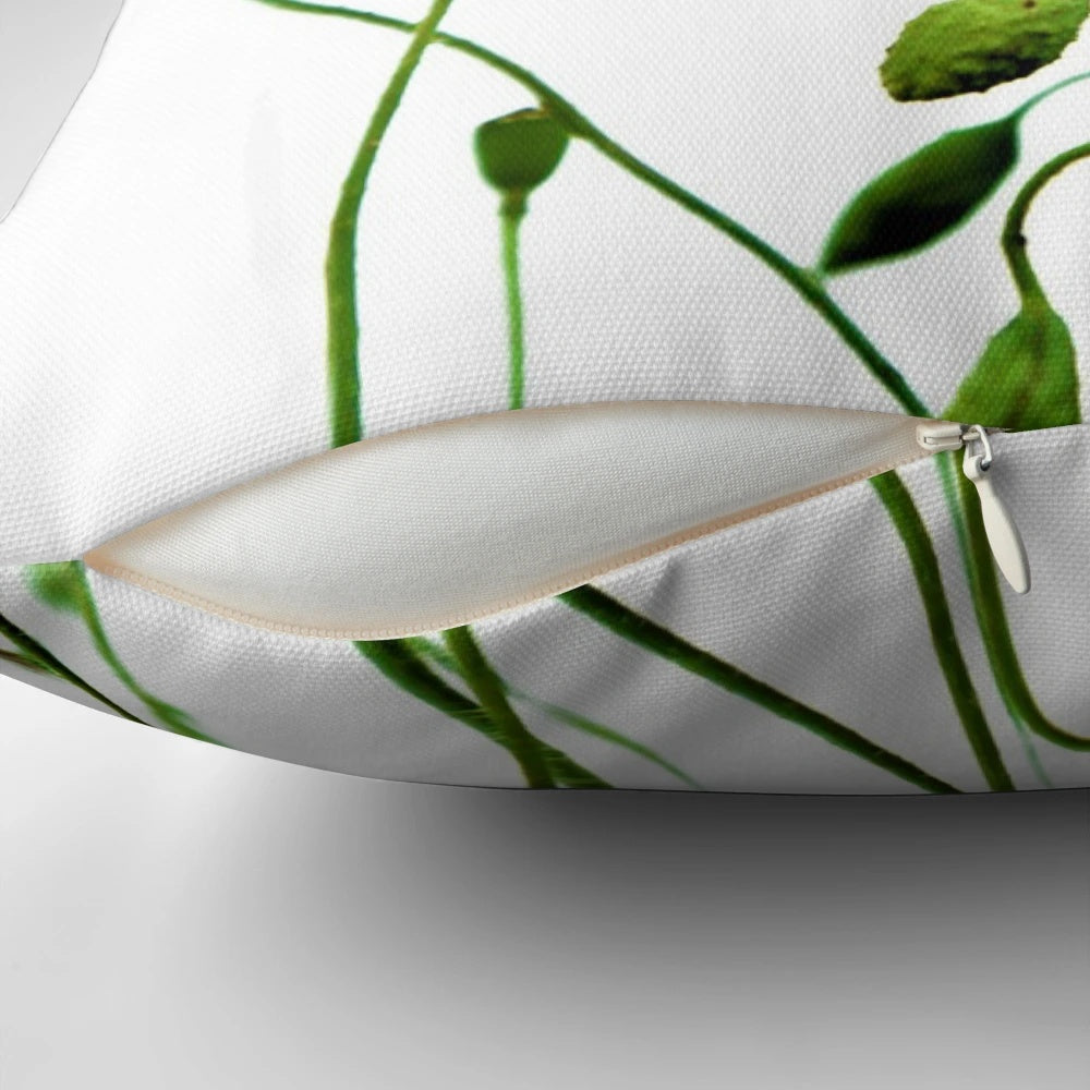 Closeup image of a red poppy flower pillow with a beautiful, natural design