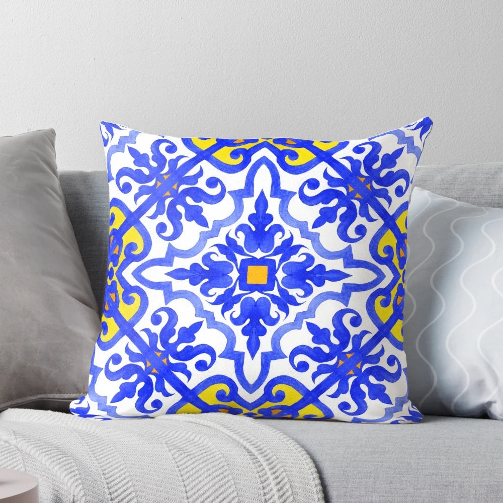 Colorful Portuguese azulejo tiles in a seamless blue and white pattern design