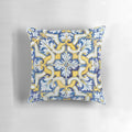 Decorative throw pillow featuring a colorful Portuguese tile pattern in blue and yellow