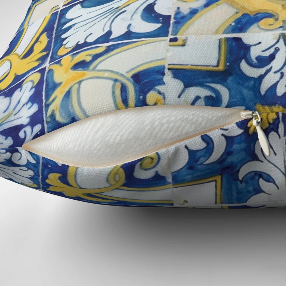 Decorative throw pillow featuring a colorful Portuguese tile pattern in blue and yellow