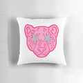 Closeup of a pink and colorful cheetah print pillow with a striking, eye-catching design.