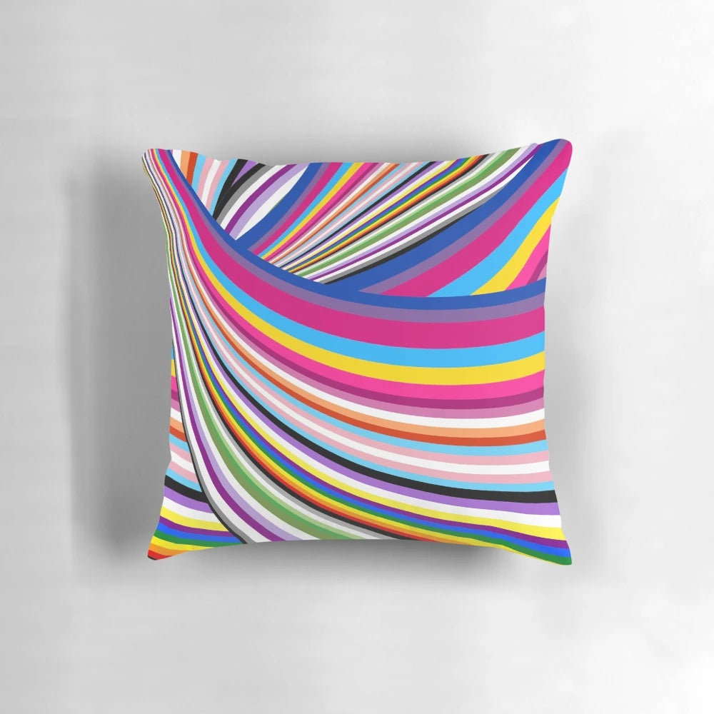 Colorful pride flags pillow showcasing the LGBTQIA+ rainbow and representing diversity, equality, and freedom.