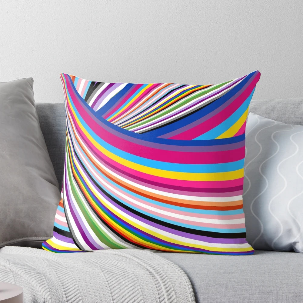 Colorful pride flags pillow showcasing the LGBTQIA+ rainbow and representing diversity, equality, and freedom.