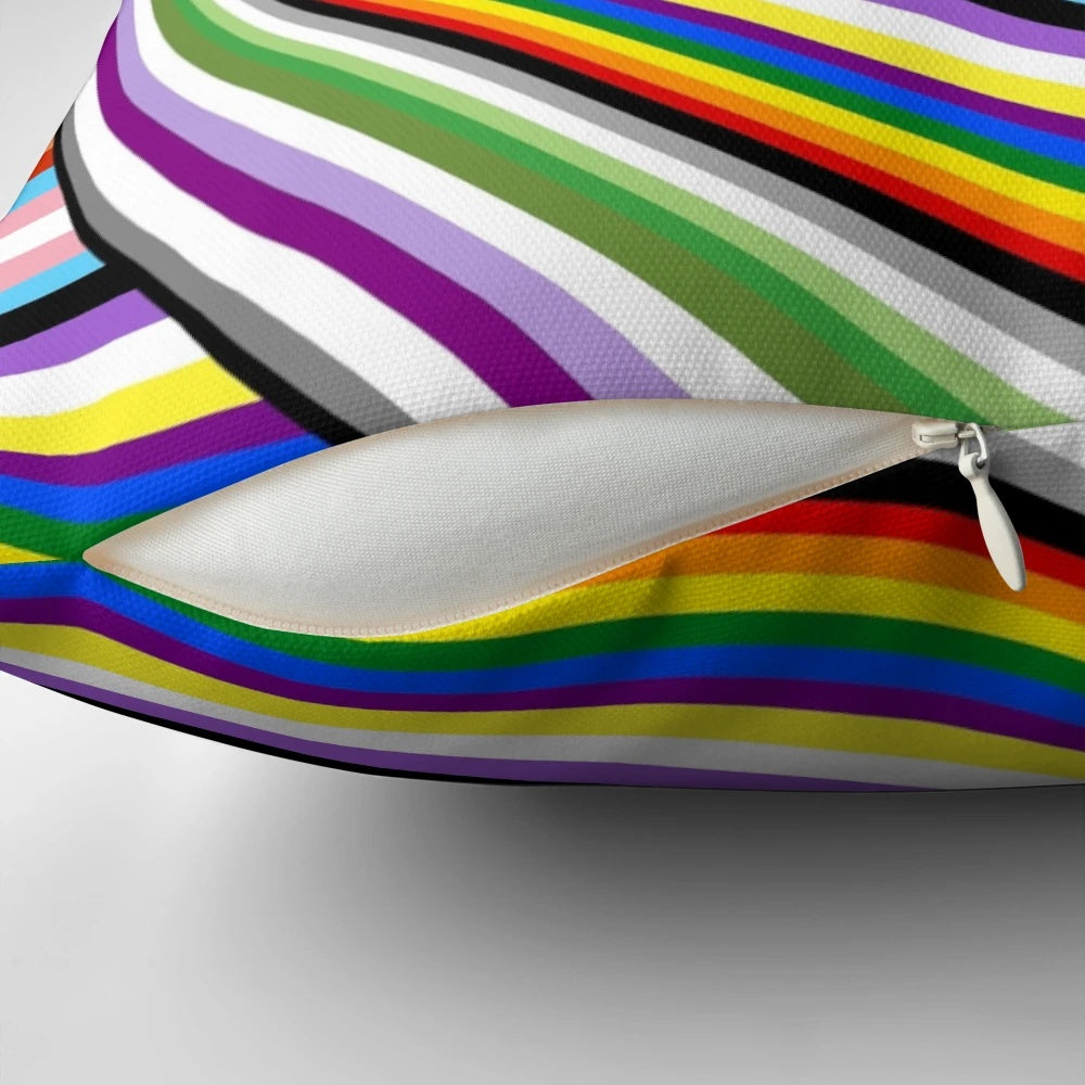 Colorful pride flags pillow showcasing the LGBTQIA+ rainbow and representing diversity, equality, and freedom.