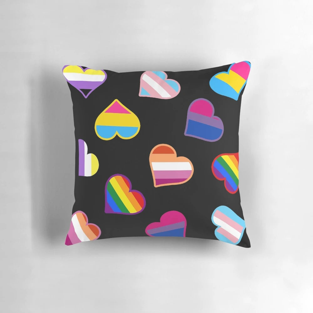 Colorful pride hearts design on a decorative throw pillow