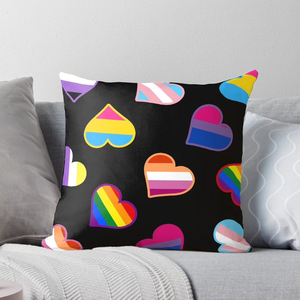 Colorful pride hearts design on a decorative throw pillow