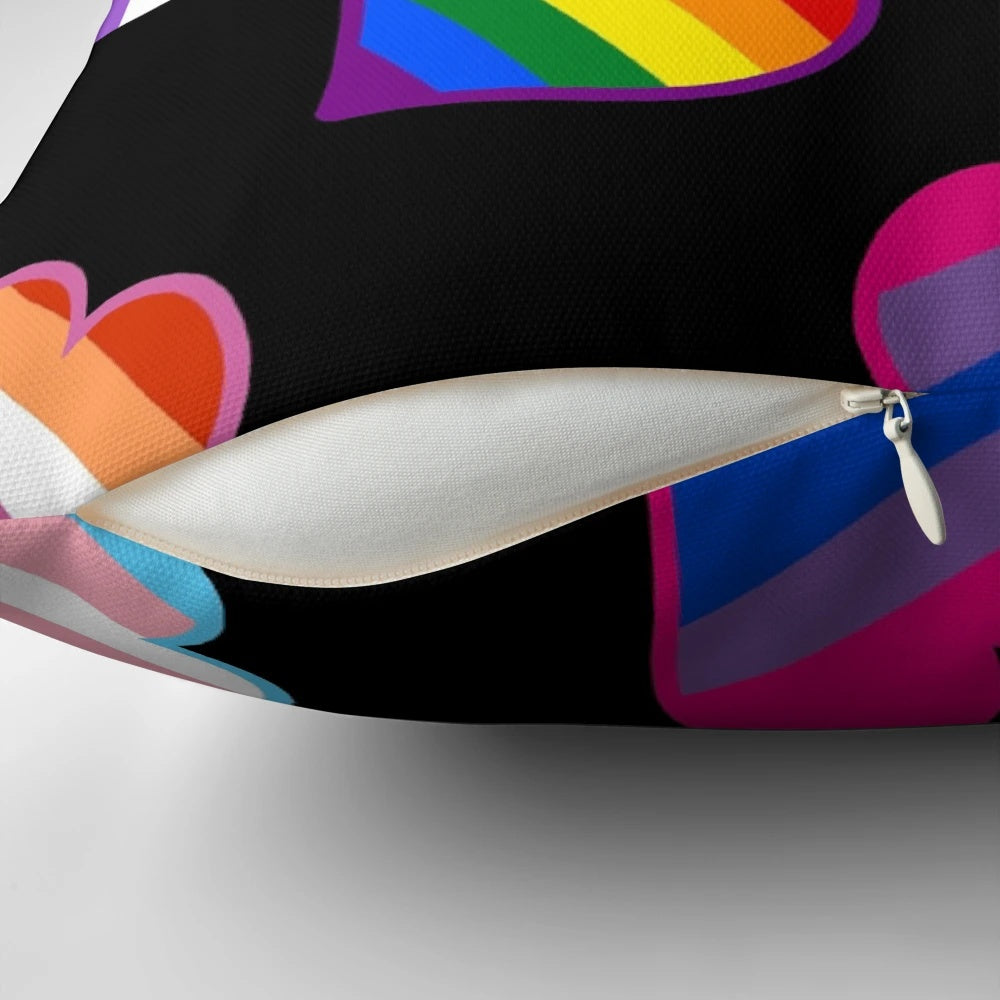 Colorful pride hearts design on a decorative throw pillow