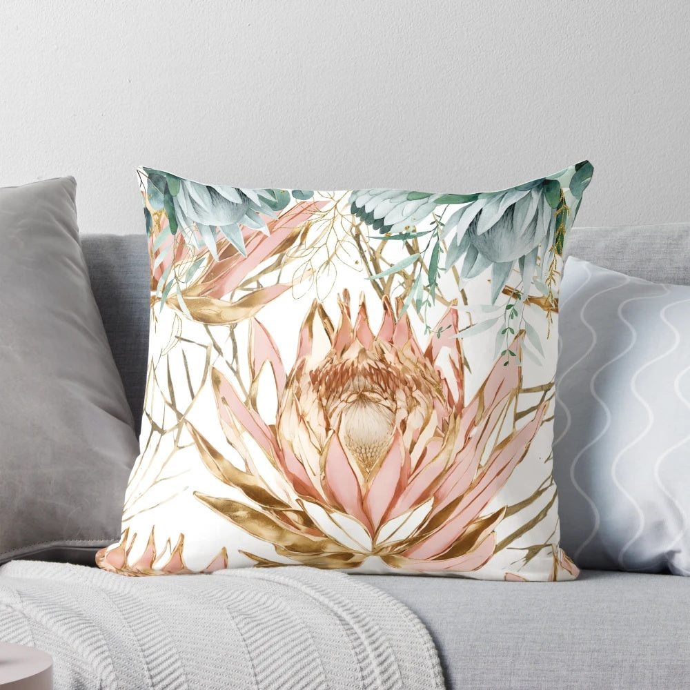 Colorful protea flower print on a soft, cushiony pillow for botanical-inspired home decor.