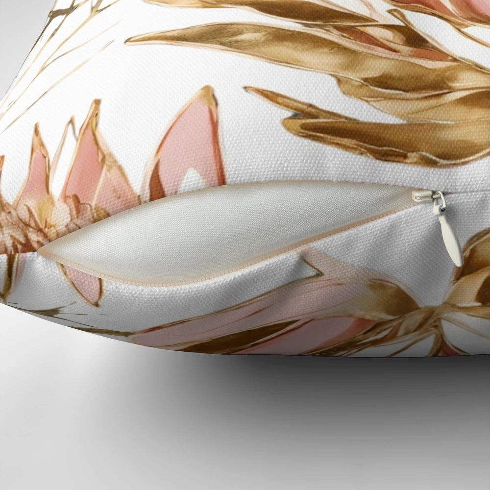 Colorful protea flower print on a soft, cushiony pillow for botanical-inspired home decor.