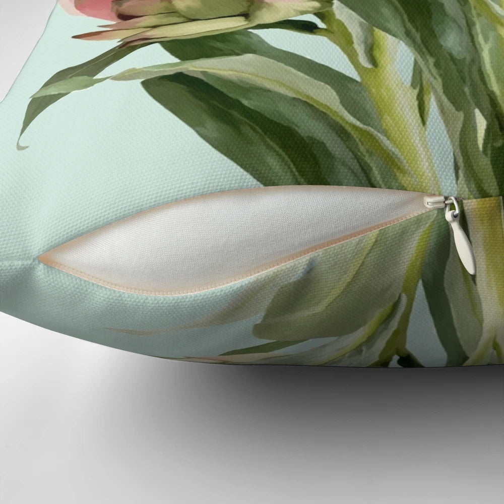Colorful protea flowers printed on a decorative throw pillow