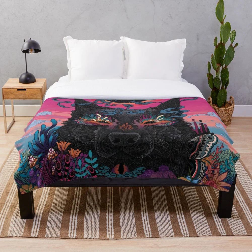 Colorful and vibrant plush blanket featuring a psychedelic dog design