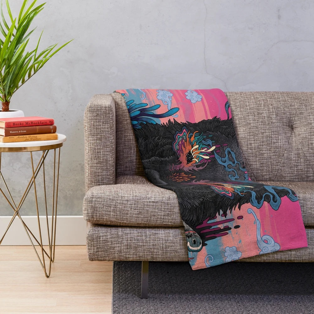 Colorful and vibrant plush blanket featuring a psychedelic dog design