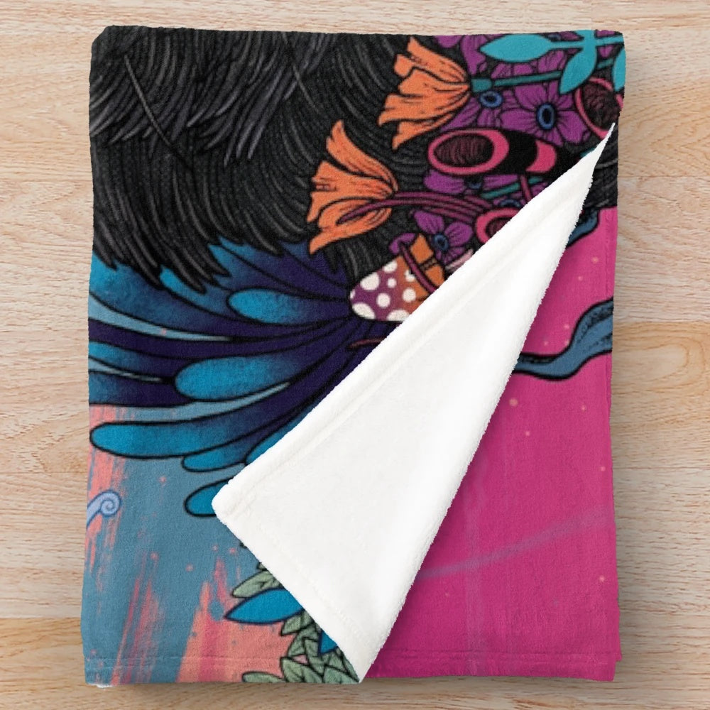 Colorful and vibrant plush blanket featuring a psychedelic dog design