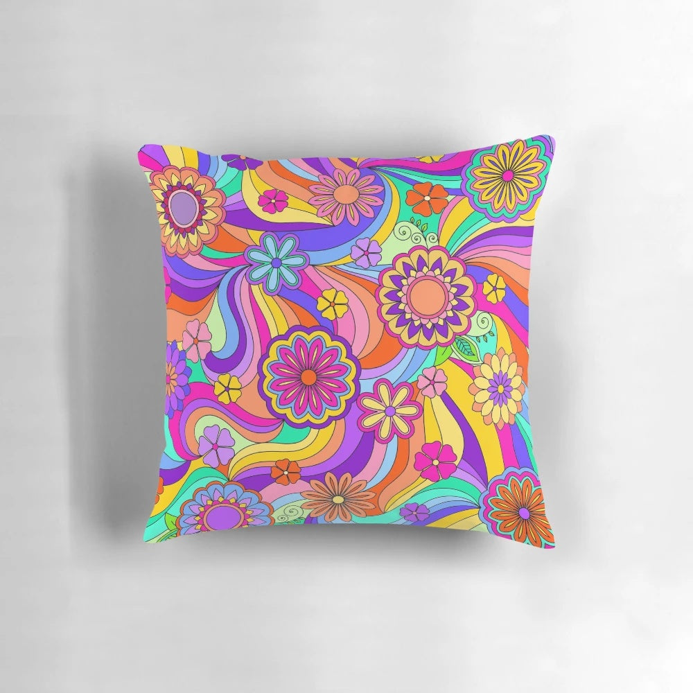 Colorful psychedelic flower design pillow with retro 1970s style swirls and stripes