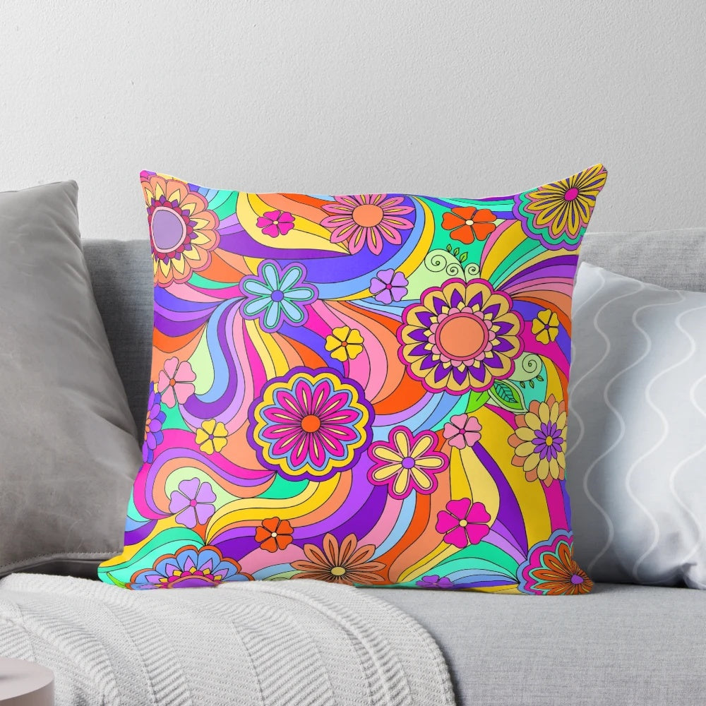 Colorful psychedelic flower design pillow with retro 1970s style swirls and stripes