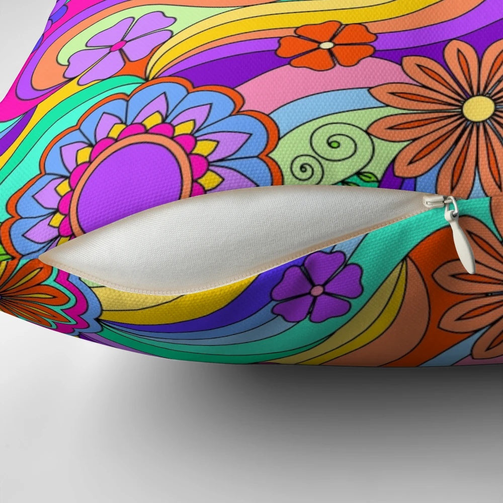 Colorful psychedelic flower design pillow with retro 1970s style swirls and stripes