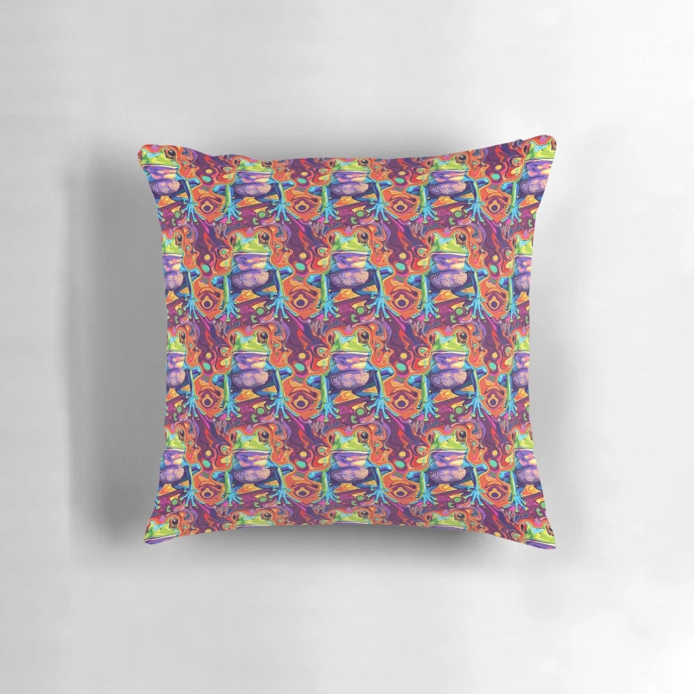 Colorful psychedelic frog in a swirling pattern on a vibrant throw pillow