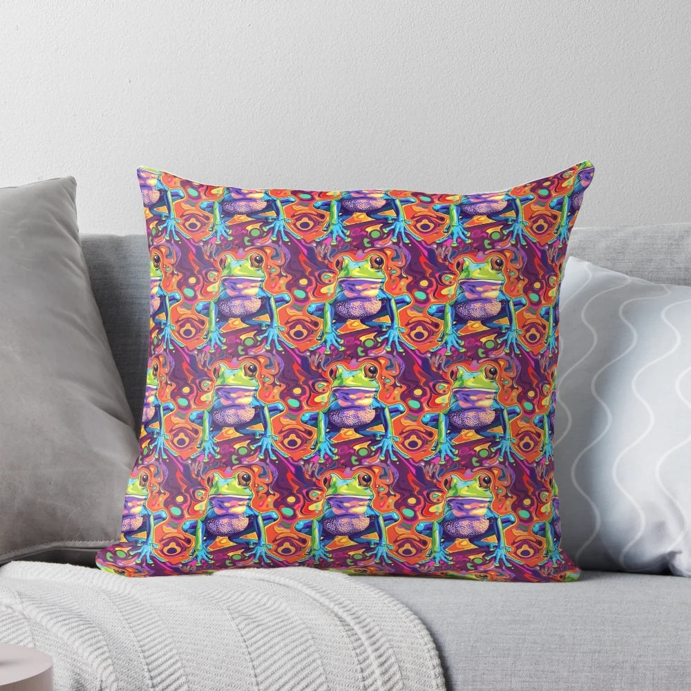 Colorful psychedelic frog in a swirling pattern on a vibrant throw pillow