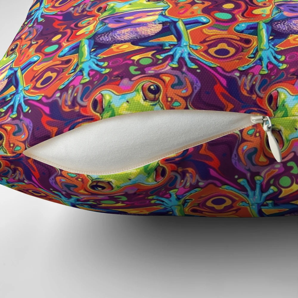 Colorful psychedelic frog in a swirling pattern on a vibrant throw pillow
