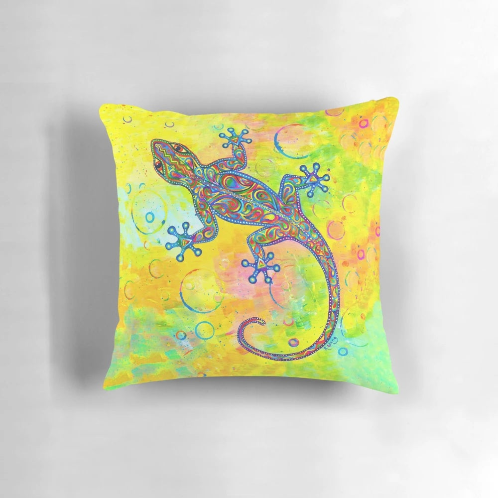 Vibrant psychedelic pillow featuring a colorful, abstract gecko or lizard design