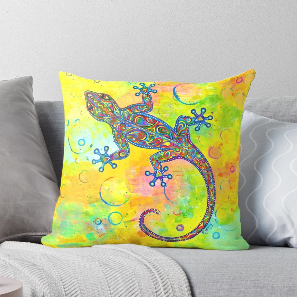 Vibrant psychedelic pillow featuring a colorful, abstract gecko or lizard design