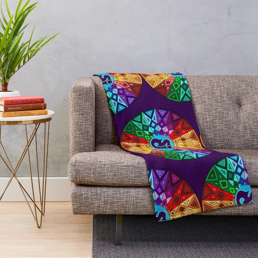 Colorful psychedelic geometric mandala plush blanket with vibrant tie-dye pattern