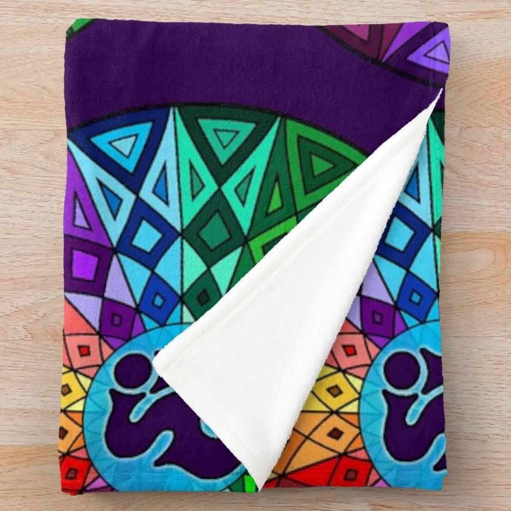Colorful psychedelic geometric mandala plush blanket with vibrant tie-dye pattern