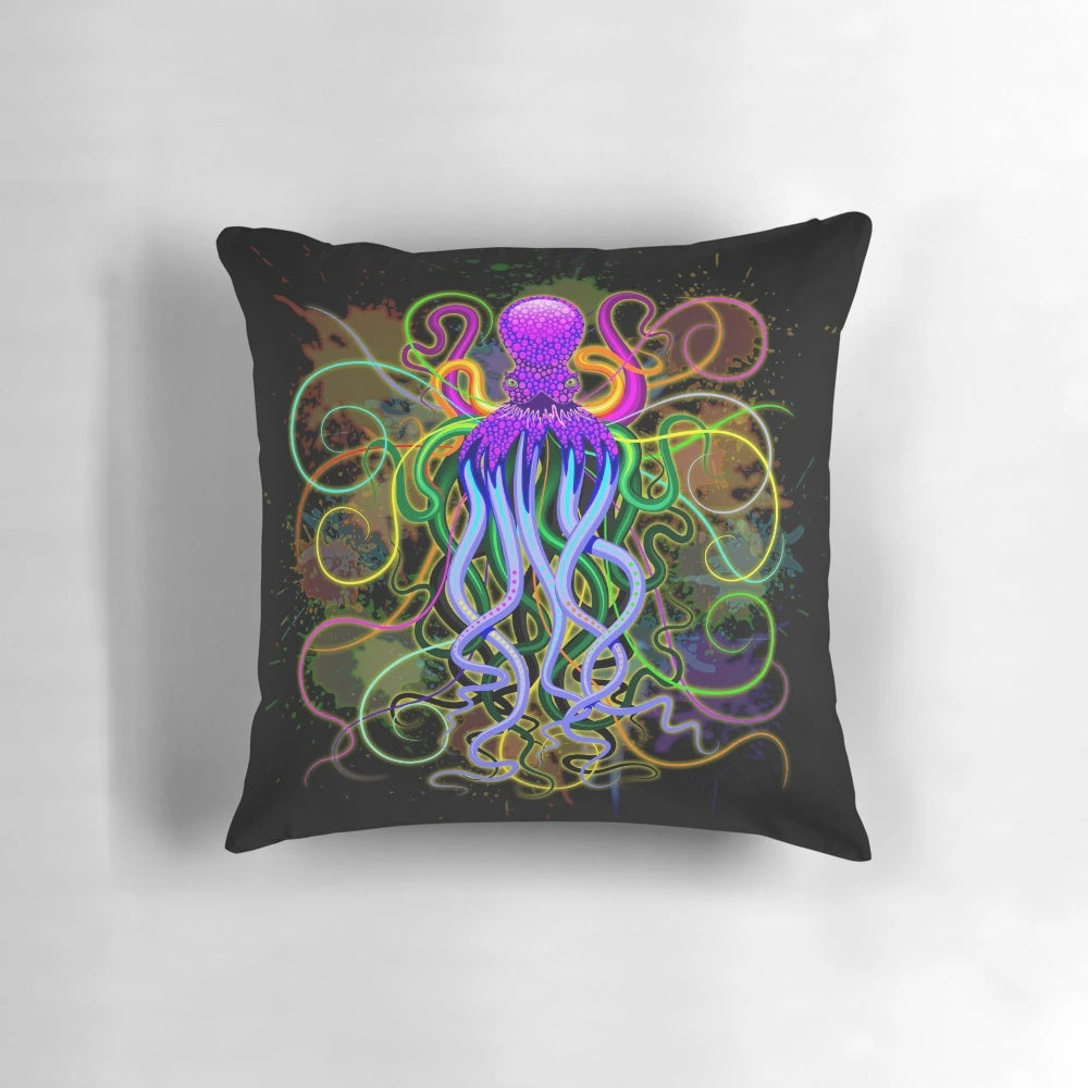 Colorful psychedelic octopus throw pillow with luminescent glow