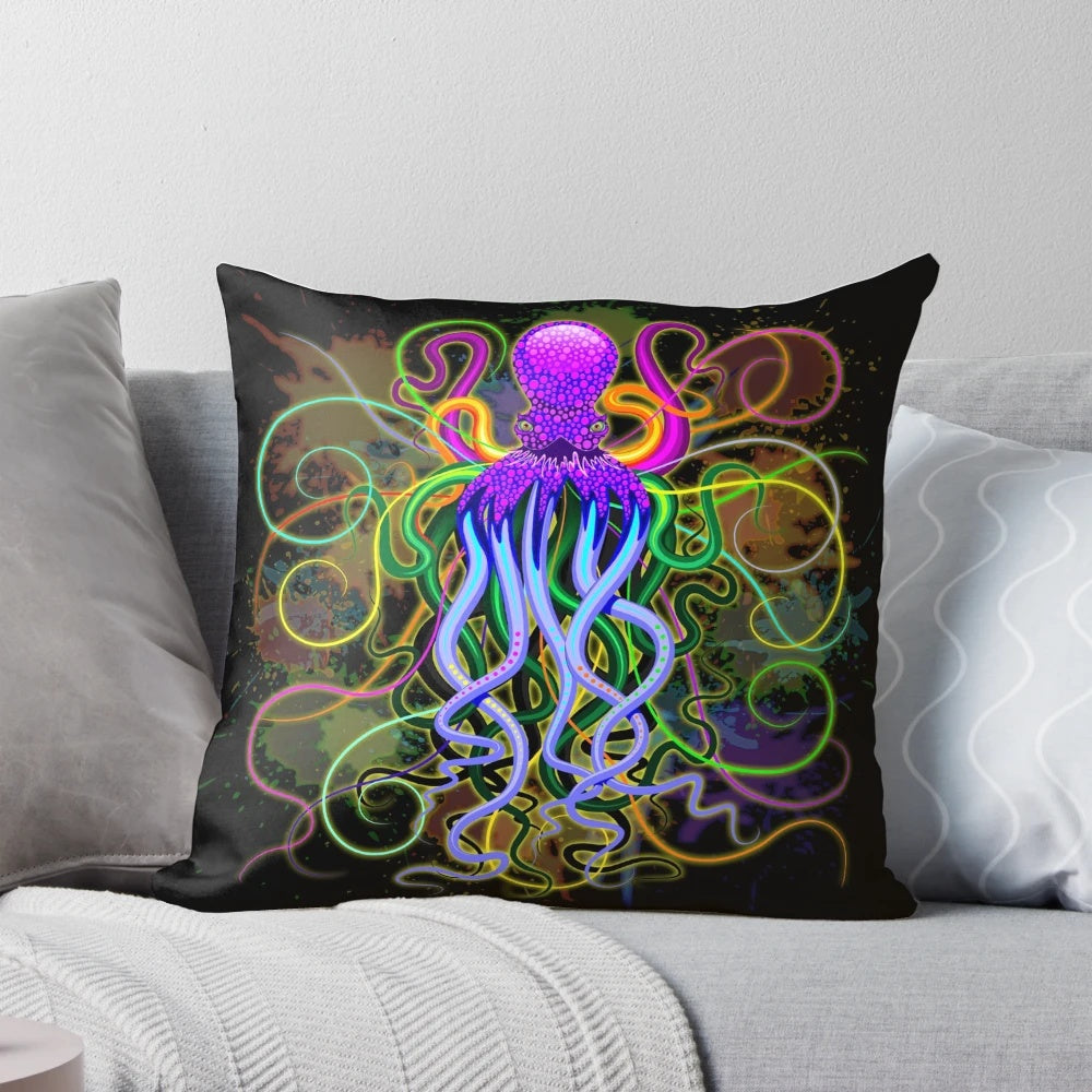 Colorful psychedelic octopus throw pillow with luminescent glow