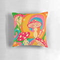 Colorful, groovy pillow featuring a psychedelic mushroom design in retro 60s style.