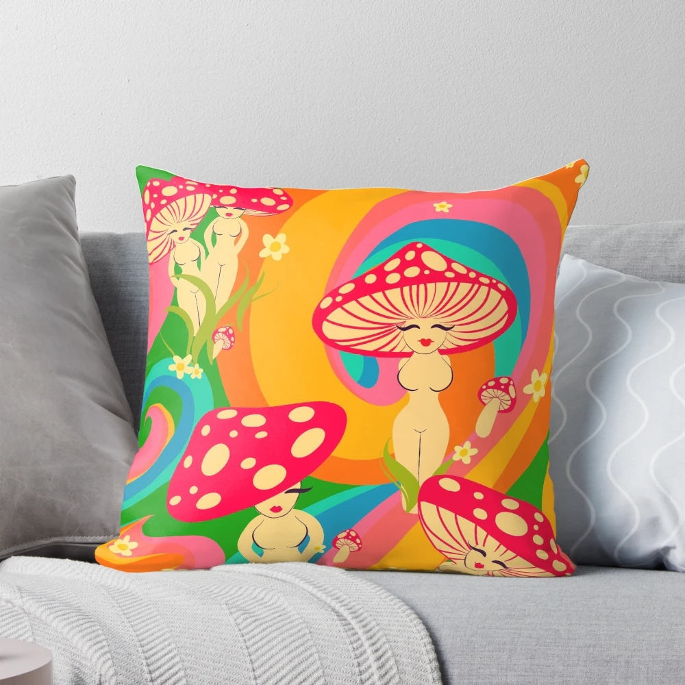 Colorful, groovy pillow featuring a psychedelic mushroom design in retro 60s style.