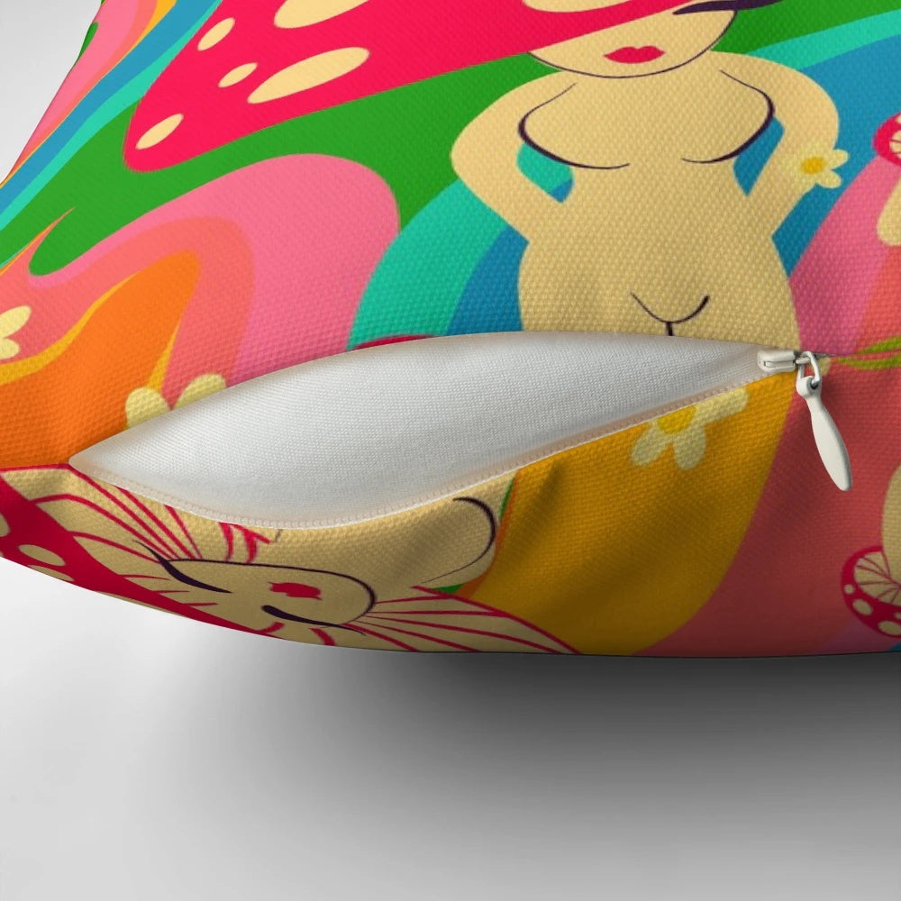 Colorful, groovy pillow featuring a psychedelic mushroom design in retro 60s style.
