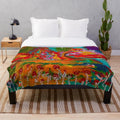 Colorful psychedelic mushroom landscape design on a soft plush blanket