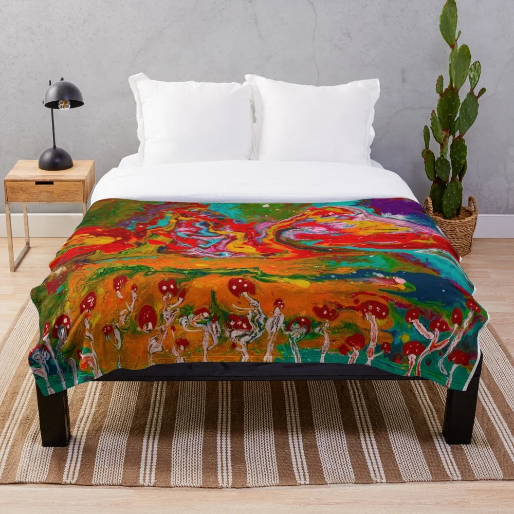 Colorful psychedelic mushroom landscape design on a soft plush blanket