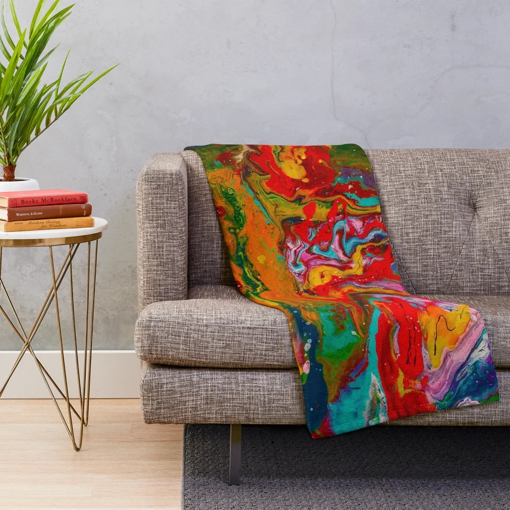 Colorful psychedelic mushroom landscape design on a soft plush blanket