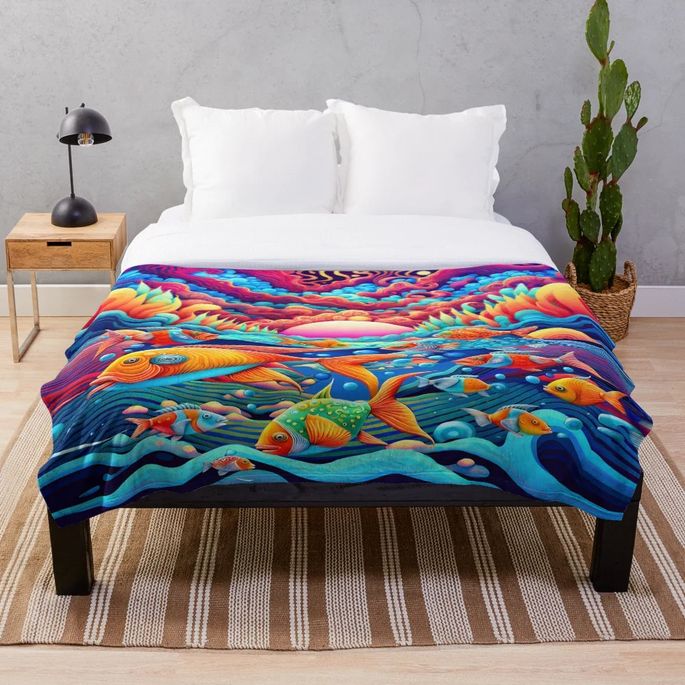 Colorful psychedelic ocean-themed plush blanket