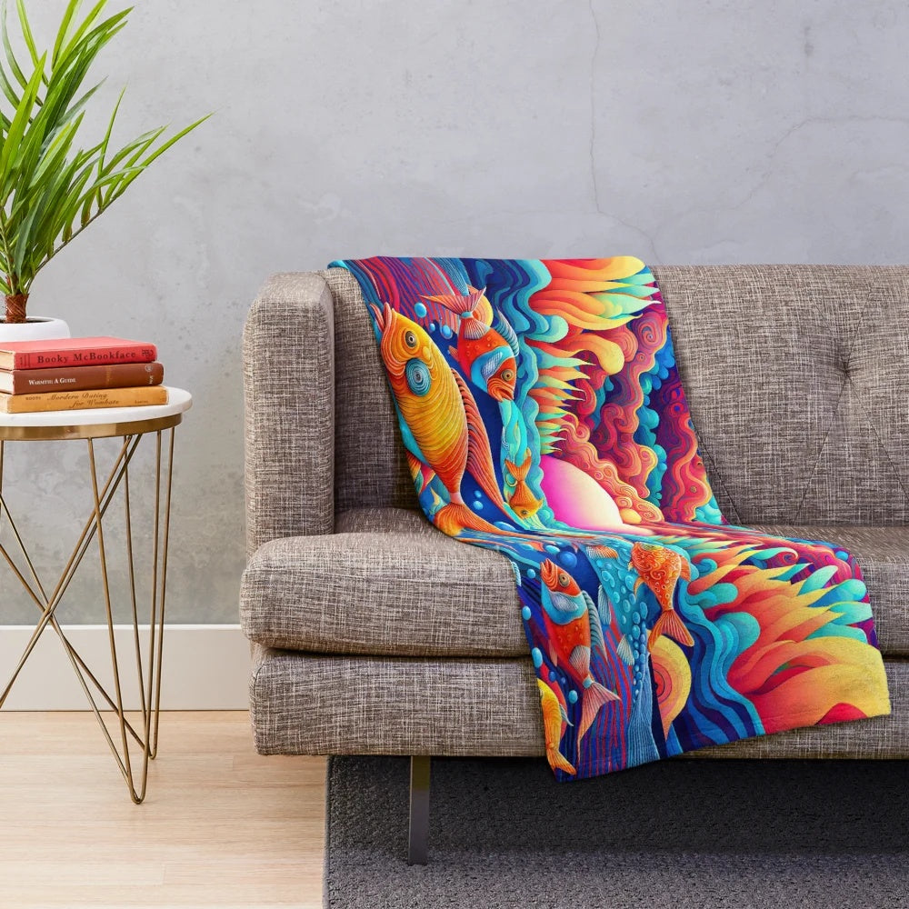 Colorful psychedelic ocean-themed plush blanket