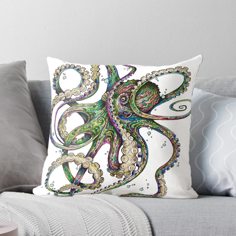 Colorful and vibrant psychedelic octopus pillow with neon rainbow tentacles and abstract underwater design