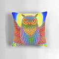 Colorful psychedelic rainbow owl throw pillow with abstract, trippy design