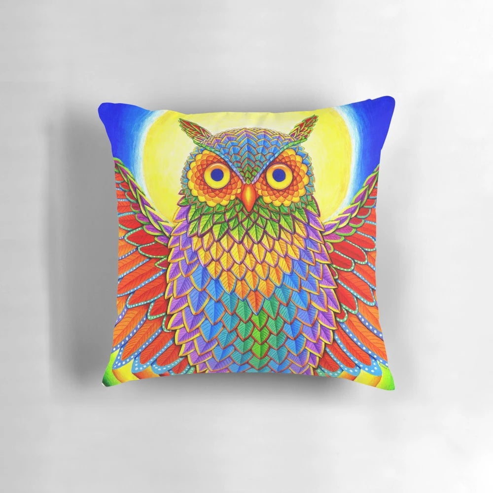 Colorful psychedelic rainbow owl throw pillow with abstract, trippy design