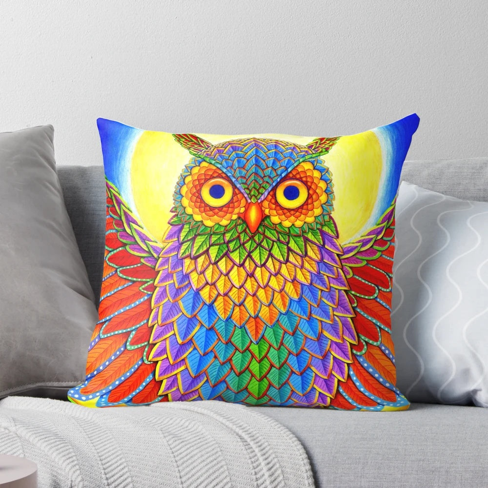 Colorful psychedelic rainbow owl throw pillow with abstract, trippy design