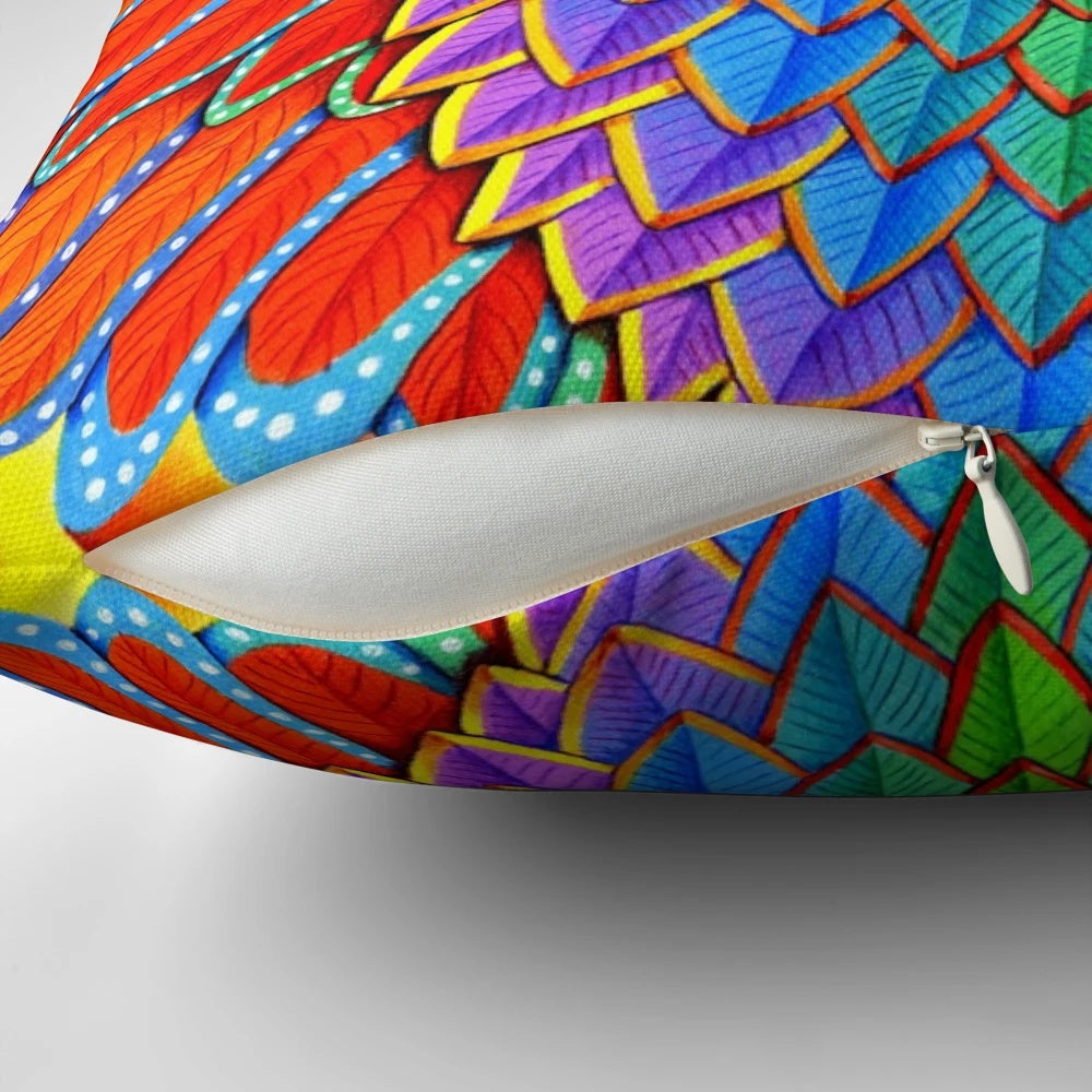 Colorful psychedelic rainbow owl throw pillow with abstract, trippy design