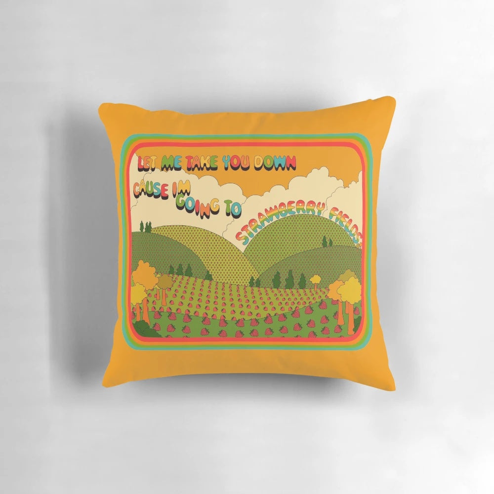 Colorful and psychedelic pillow with a retro strawberry fields design